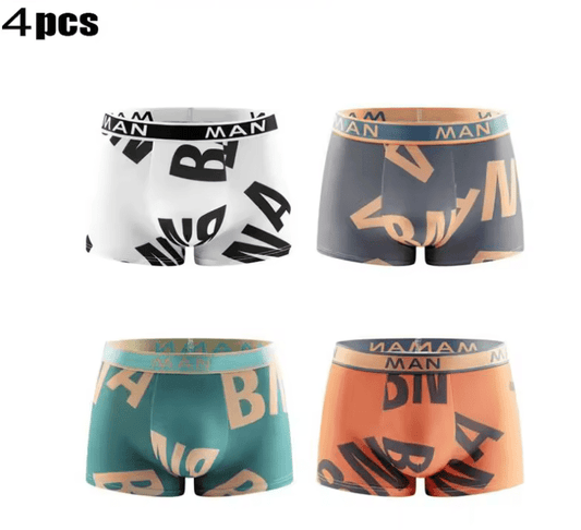 4-Pack Men’s Seamless Boxer Briefs – Breathable, Letter Print, Plus Size Underwear