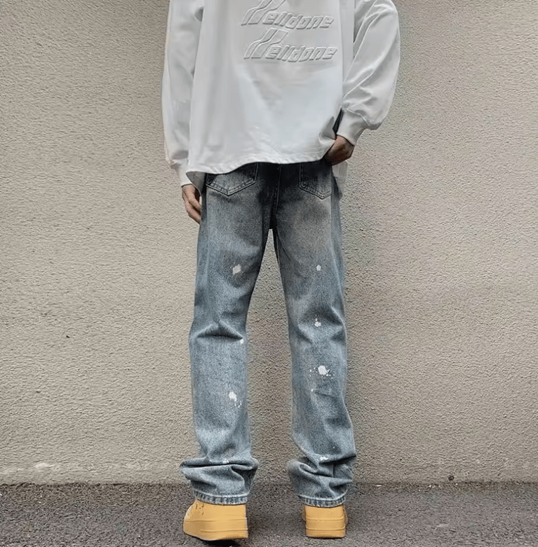 Men’s Extended-Length Straight-Leg Jeans – Paint Splatter Washed Denim, High Street Retro Style