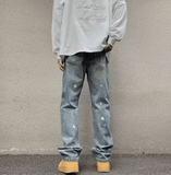 Men’s Extended-Length Straight-Leg Jeans – Paint Splatter Washed Denim, High Street Retro Style