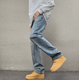 Men’s Extended-Length Straight-Leg Jeans – Paint Splatter Washed Denim, High Street Retro Style