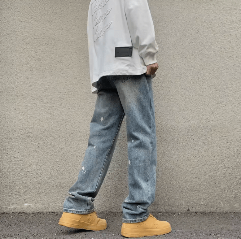 Men’s Extended-Length Straight-Leg Jeans – Paint Splatter Washed Denim, High Street Retro Style