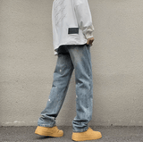 Men’s Extended-Length Straight-Leg Jeans – Paint Splatter Washed Denim, High Street Retro Style