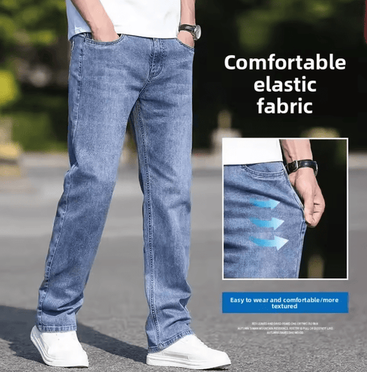 Spring Men’s Jeans Casual Loose Fit – Elastic Waist, Straight Leg, Plus Size, Lightweight Summer Denim Pants