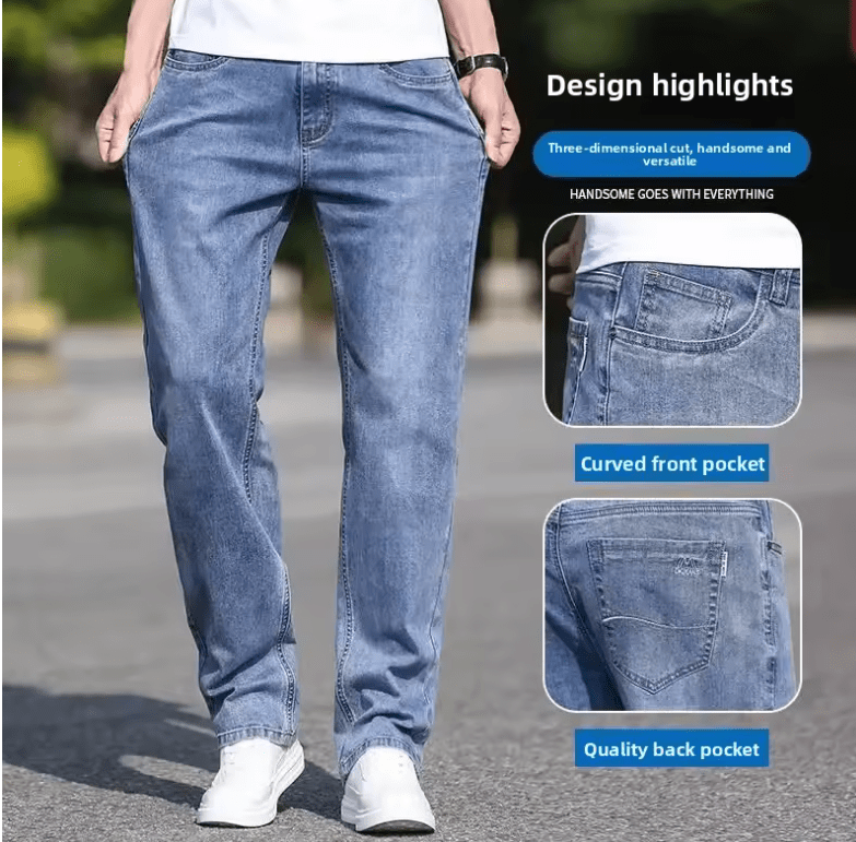 Spring Men’s Jeans Casual Loose Fit – Elastic Waist, Straight Leg, Plus Size, Lightweight Summer Denim Pants