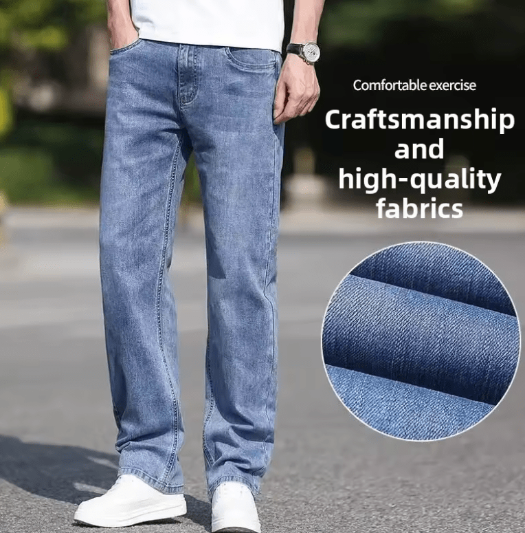 Spring Men’s Jeans Casual Loose Fit – Elastic Waist, Straight Leg, Plus Size, Lightweight Summer Denim Pants