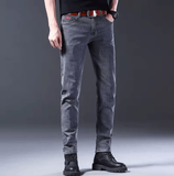 Men’s Slim Fit Korean Style Button Jeans – Black Skinny Solid Color Stretch Denim Pants, Multi-Button Design, Youth Streetwear