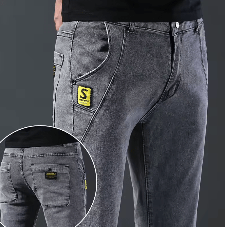 Men’s Slim Fit Korean Style Button Jeans – Black Skinny Solid Color Stretch Denim Pants, Multi-Button Design, Youth Streetwear