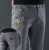Men’s Slim Fit Korean Style Button Jeans – Black Skinny Solid Color Stretch Denim Pants, Multi-Button Design, Youth Streetwear