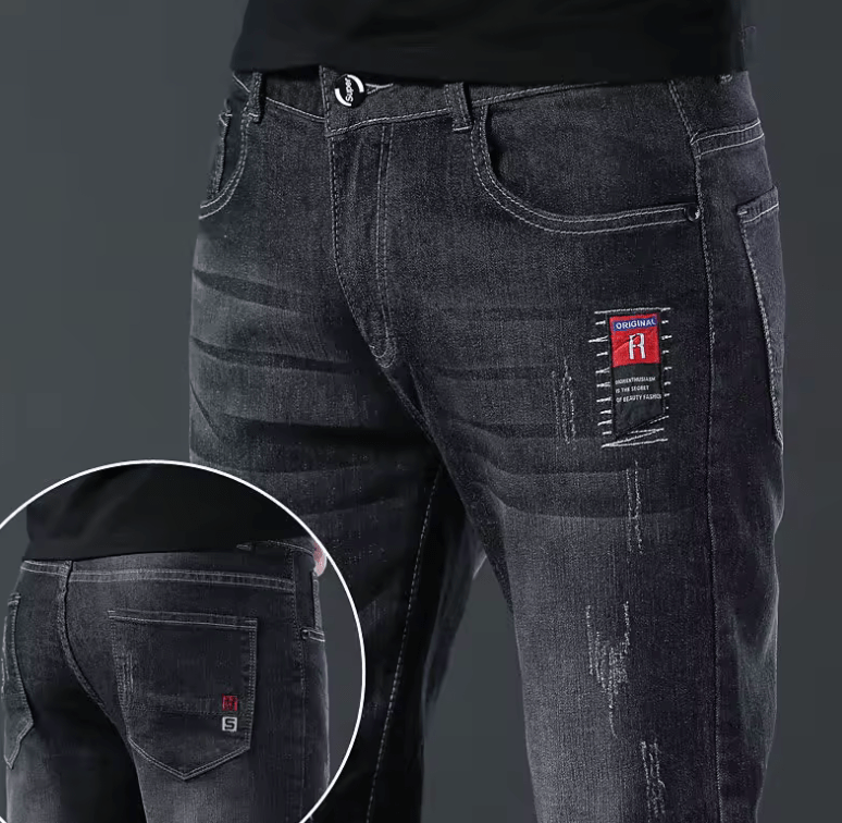 Men’s Slim Fit Korean Style Button Jeans – Black Skinny Solid Color Stretch Denim Pants, Multi-Button Design, Youth Streetwear
