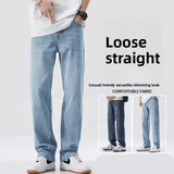 Men’s Washed Loose Straight Leg Jeans – Summer Thin Casual Denim, Elastic Waist, Slimming, High Waist, Comfortable Versatile Long Pants