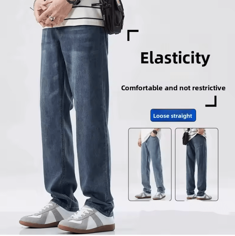 Men’s Washed Loose Straight Leg Jeans – Summer Thin Casual Denim, Elastic Waist, Slimming, High Waist, Comfortable Versatile Long Pants