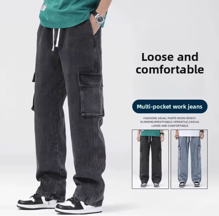 Retro American Men’s Jeans – Loose Straight Leg Workwear, Wide Leg Denim Pants with Multiple Pockets, Elastic Waist, Spring-Autumn