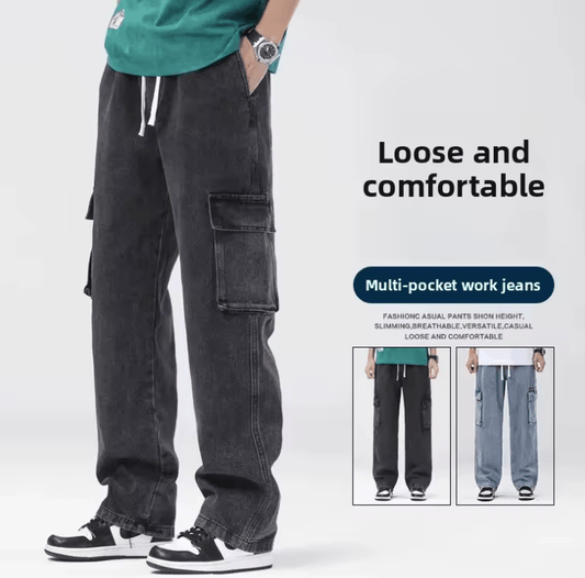 Retro American Men’s Jeans – Loose Straight Leg Workwear, Wide Leg Denim Pants with Multiple Pockets, Elastic Waist, Spring-Autumn