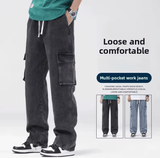 Retro American Men’s Jeans – Loose Straight Leg Workwear, Wide Leg Denim Pants with Multiple Pockets, Elastic Waist, Spring-Autumn