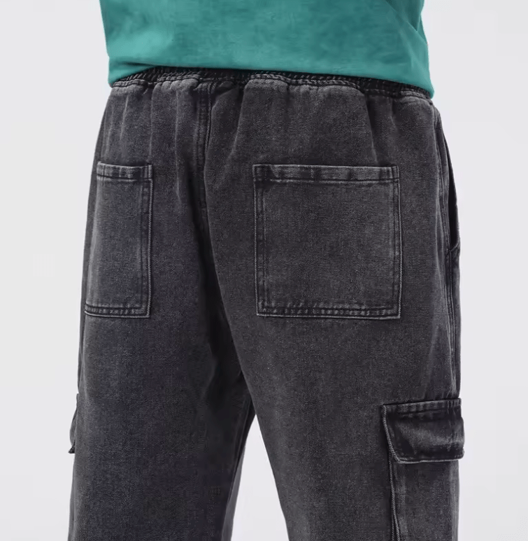 Retro American Men’s Jeans – Loose Straight Leg Workwear, Wide Leg Denim Pants with Multiple Pockets, Elastic Waist, Spring-Autumn