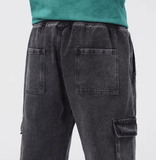 Retro American Men’s Jeans – Loose Straight Leg Workwear, Wide Leg Denim Pants with Multiple Pockets, Elastic Waist, Spring-Autumn