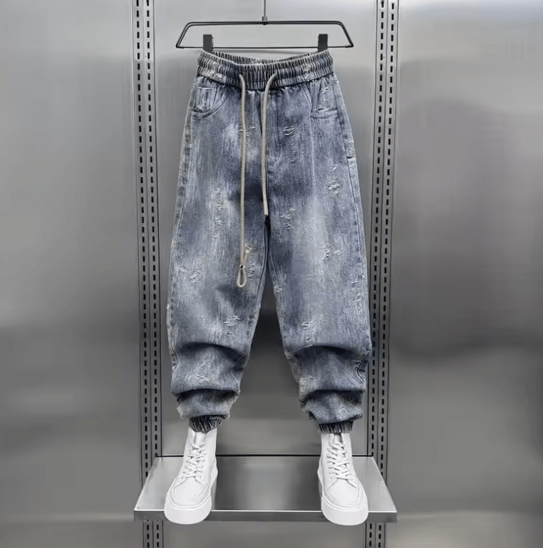Loose Men’s Denim Pants – Autumn New Cuffed Harlan Slim Fit, Washed Small-Foot Jeans, Trendy Elastic Waist Hip Hop Style