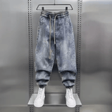 Loose Men’s Denim Pants – Autumn New Cuffed Harlan Slim Fit, Washed Small-Foot Jeans, Trendy Elastic Waist Hip Hop Style