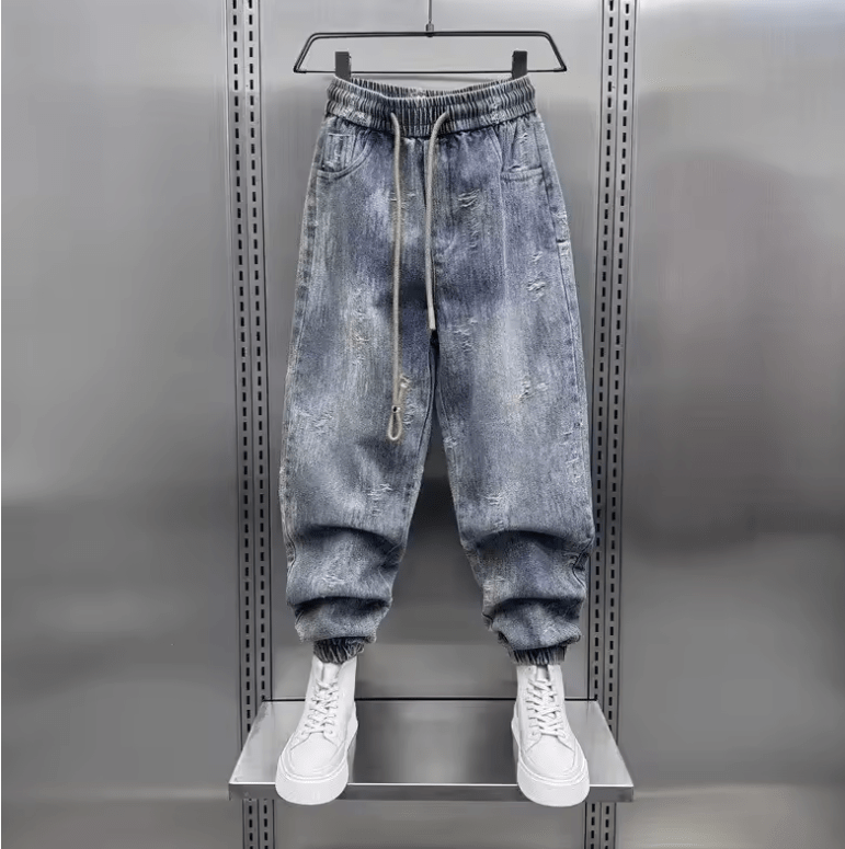 Loose Men’s Denim Pants – Autumn New Cuffed Harlan Slim Fit, Washed Small-Foot Jeans, Trendy Elastic Waist Hip Hop Style