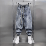 Loose Men’s Denim Pants – Autumn New Cuffed Harlan Slim Fit, Washed Small-Foot Jeans, Trendy Elastic Waist Hip Hop Style