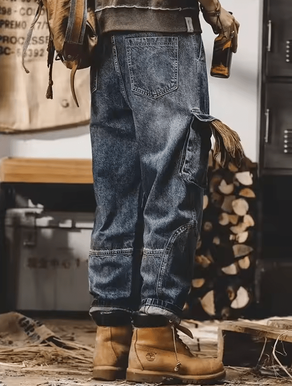 Men’s Fashion Cargo Trousers – Multi-Pocket Design, American Vintage Wide Leg Denim Pants, Trendy Streetwear Jeans