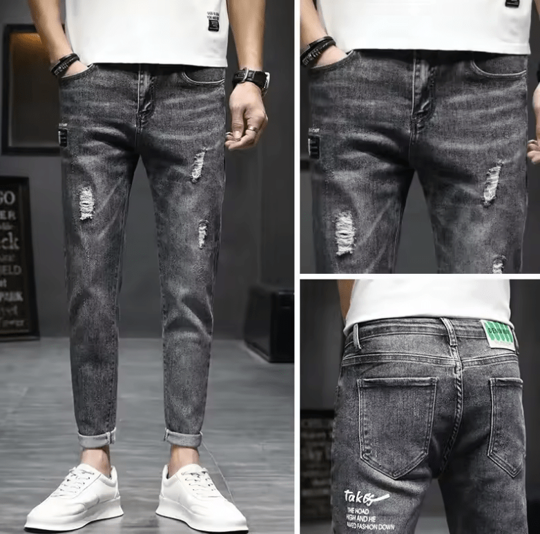Men’s Summer Thin Denim Jeans – Casual Slim Fit, Hole-Punched Long Pants, Cotton, Spring-Autumn New Style, Versatile Loose Fit
