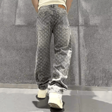 Retro Washed American High Street Men’s Jeans – Loose Straight Leg Casual Long Trousers with Hole Design, Fashionable Denim