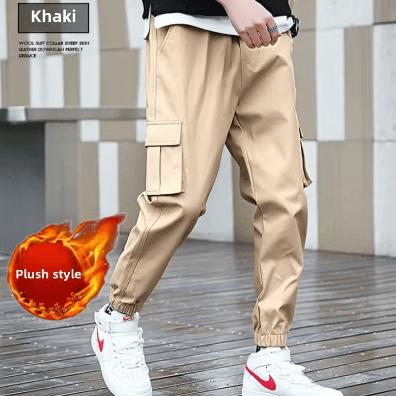 Men’s Winter Thickened Fleece-Lined Cargo Pants – Loose Fit Korean Style Sporty Nine-Point Trousers, Versatile Casual Wear