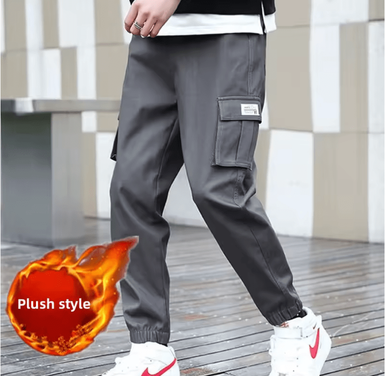 Men’s Winter Thickened Fleece-Lined Cargo Pants – Loose Fit Korean Style Sporty Nine-Point Trousers, Versatile Casual Wear