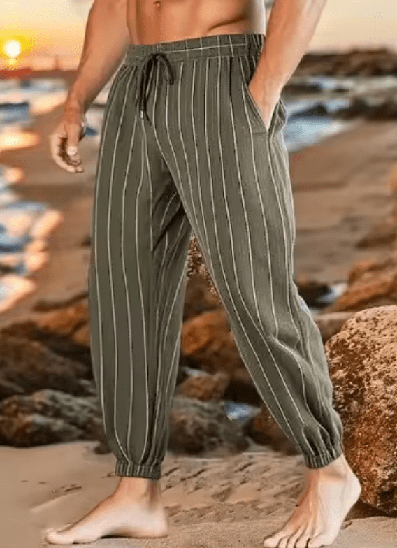 New Arrival Men’s Stripe Cotton Linen Trousers – Casual Loose-Fit, Breathable Fashionable Sporty Long Pants, Comfortable & Versatile