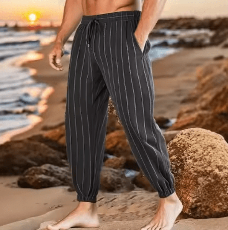 New Arrival Men’s Stripe Cotton Linen Trousers – Casual Loose-Fit, Breathable Fashionable Sporty Long Pants, Comfortable & Versatile
