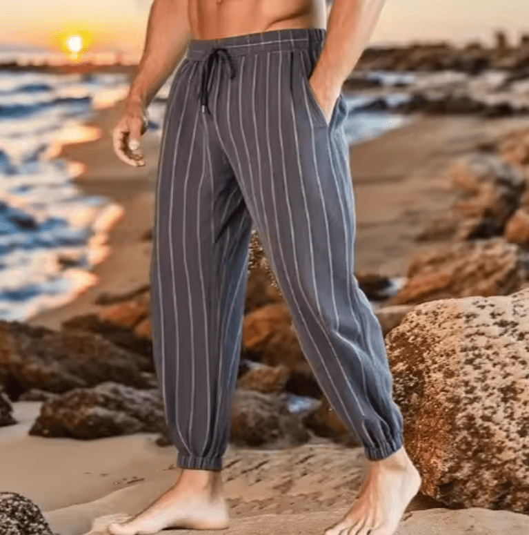 New Arrival Men’s Stripe Cotton Linen Trousers – Casual Loose-Fit, Breathable Fashionable Sporty Long Pants, Comfortable & Versatile