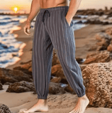 New Arrival Men’s Stripe Cotton Linen Trousers – Casual Loose-Fit, Breathable Fashionable Sporty Long Pants, Comfortable & Versatile
