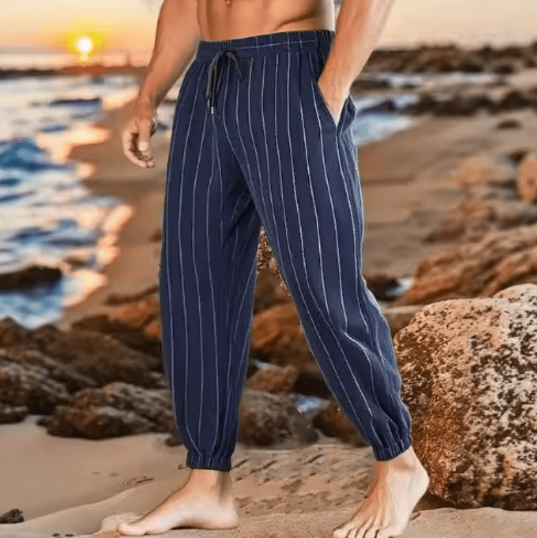 New Arrival Men’s Stripe Cotton Linen Trousers – Casual Loose-Fit, Breathable Fashionable Sporty Long Pants, Comfortable & Versatile