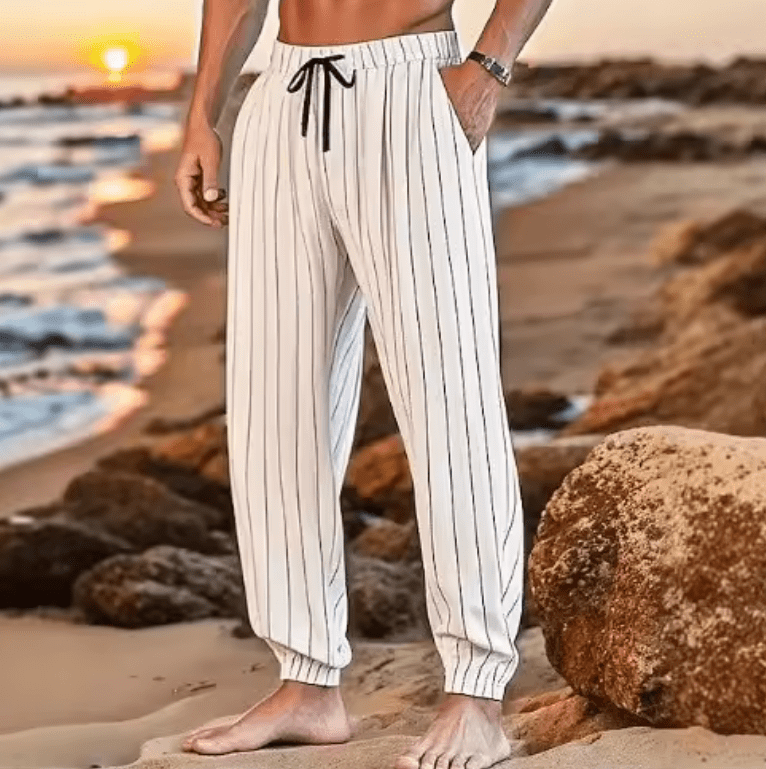 New Arrival Men’s Stripe Cotton Linen Trousers – Casual Loose-Fit, Breathable Fashionable Sporty Long Pants, Comfortable & Versatile