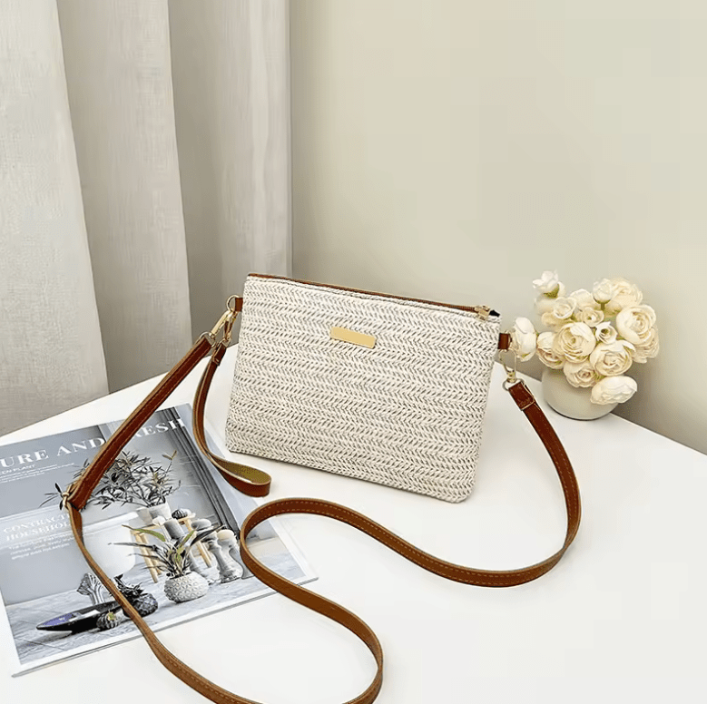 Women’s Woven Shoulder Bag – Fashion Messenger Bag, Straw Clutch & Mobile Phone Bag