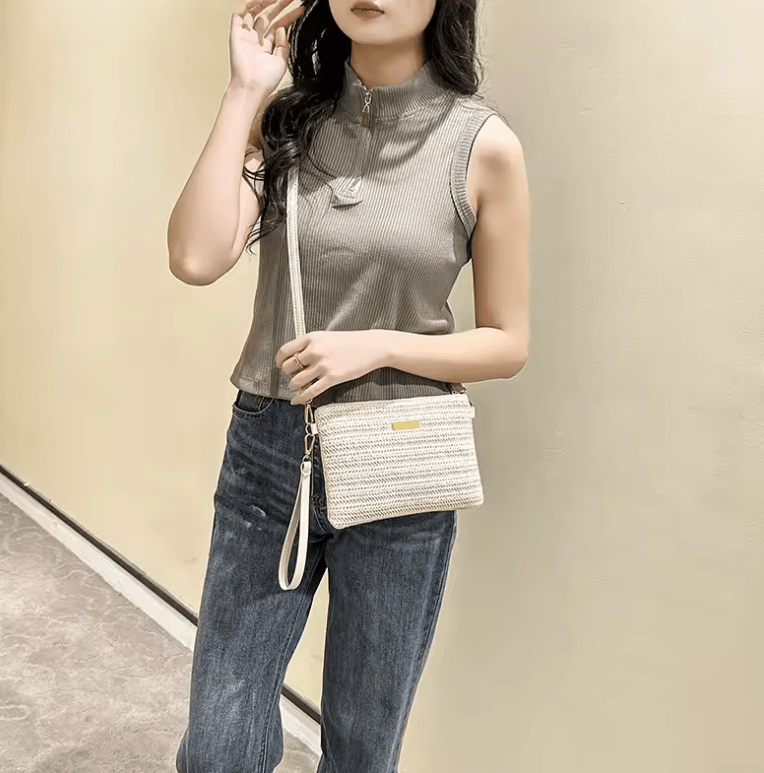 Women’s Woven Shoulder Bag – Fashion Messenger Bag, Straw Clutch & Mobile Phone Bag