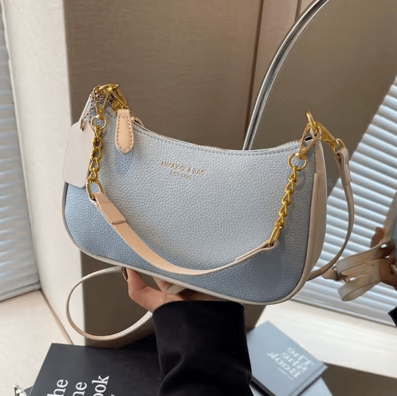 Women’s Fashion PU Shoulder Bag – Lichee Pattern with Letter Print, Adjustable Strap Tote for Shopping & Commuting