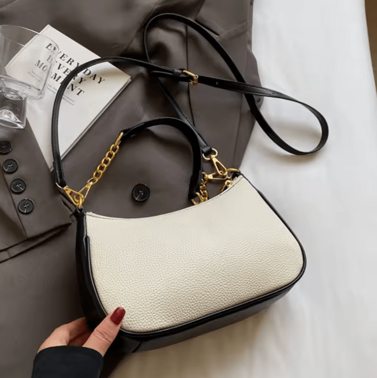 Women’s Fashion PU Shoulder Bag – Lichee Pattern with Letter Print, Adjustable Strap Tote for Shopping & Commuting