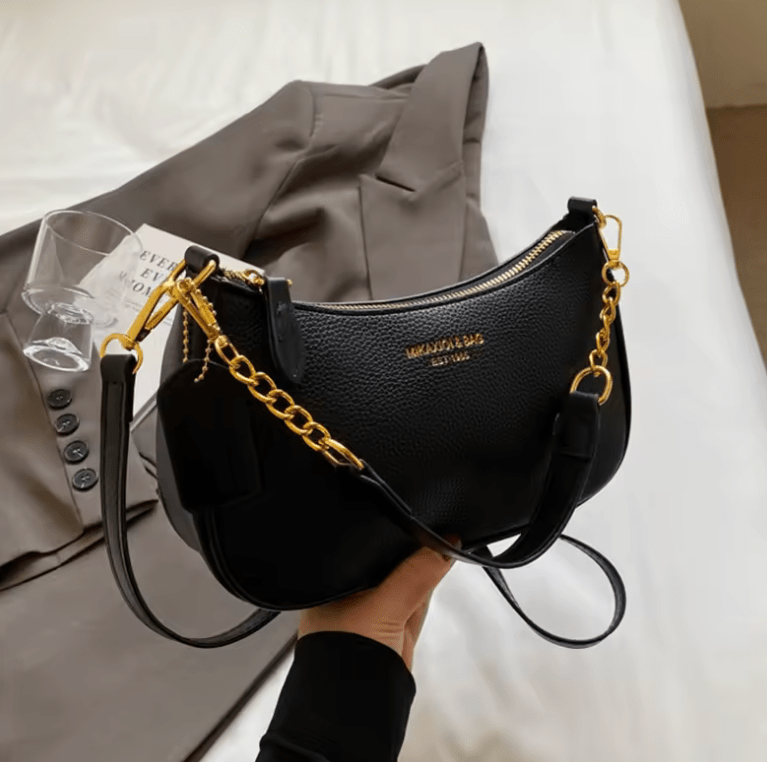 Women’s Fashion PU Shoulder Bag – Lichee Pattern with Letter Print, Adjustable Strap Tote for Shopping & Commuting