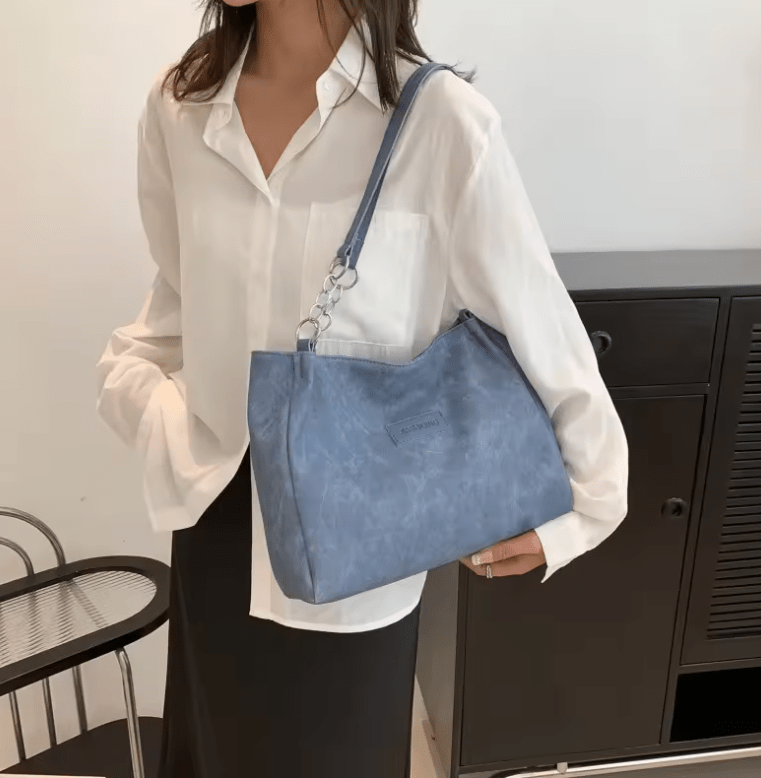 Women’s Large-Capacity Vintage Blue Tote Bag – Summer Bucket Shoulder Bag with Frosted Texture, Hot Sale Small Niche Design