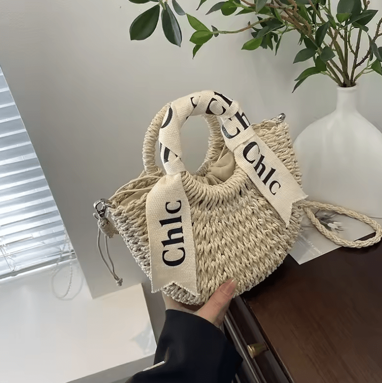 Women’s Straw Weaving Handbag – Letter Pattern Moon Shape Bag with Soft Polyester Lining, Vacation & Holiday Carry-On