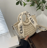 Women’s Straw Weaving Handbag – Letter Pattern Moon Shape Bag with Soft Polyester Lining, Vacation & Holiday Carry-On