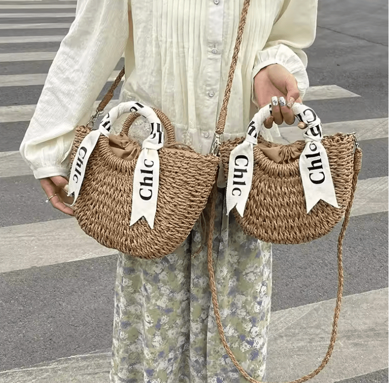 Women’s Straw Weaving Handbag – Letter Pattern Moon Shape Bag with Soft Polyester Lining, Vacation & Holiday Carry-On