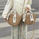 Women’s Straw Weaving Handbag – Letter Pattern Moon Shape Bag with Soft Polyester Lining, Vacation & Holiday Carry-On