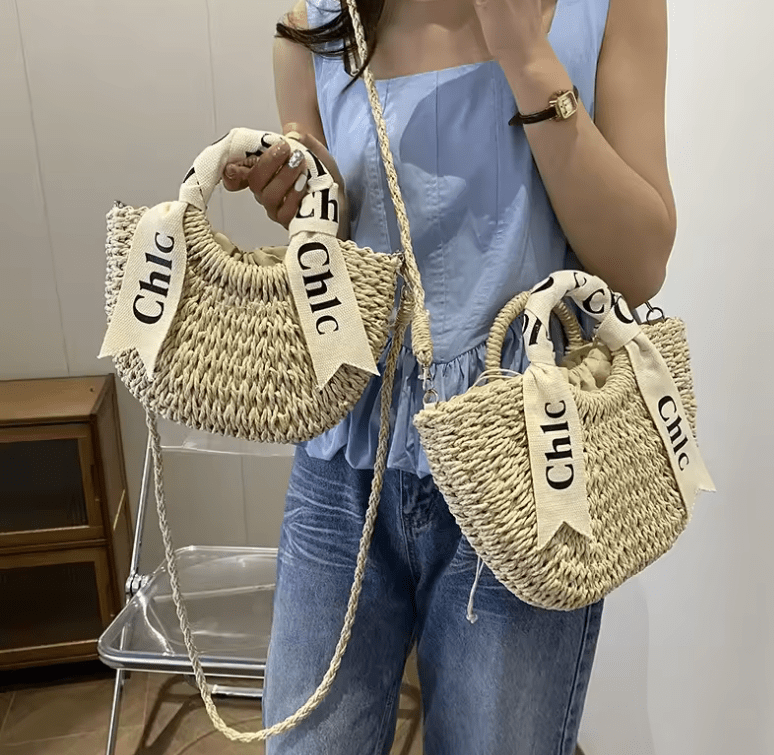 Women’s Straw Weaving Handbag – Letter Pattern Moon Shape Bag with Soft Polyester Lining, Vacation & Holiday Carry-On
