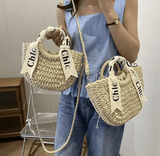 Women’s Straw Weaving Handbag – Letter Pattern Moon Shape Bag with Soft Polyester Lining, Vacation & Holiday Carry-On