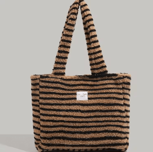 Korean Stripe Plush Tote Bag Women's Autumn Winter Large Capacity Handheld Single Shoulder Bag College Style Bucket Bag