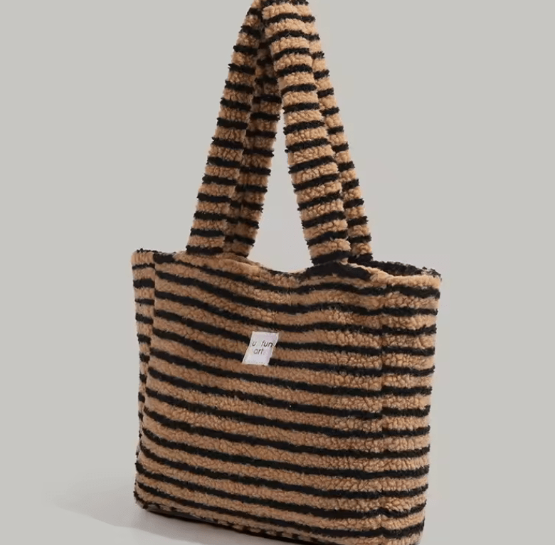 Korean Stripe Plush Tote Bag Women's Autumn Winter Large Capacity Handheld Single Shoulder Bag College Style Bucket Bag