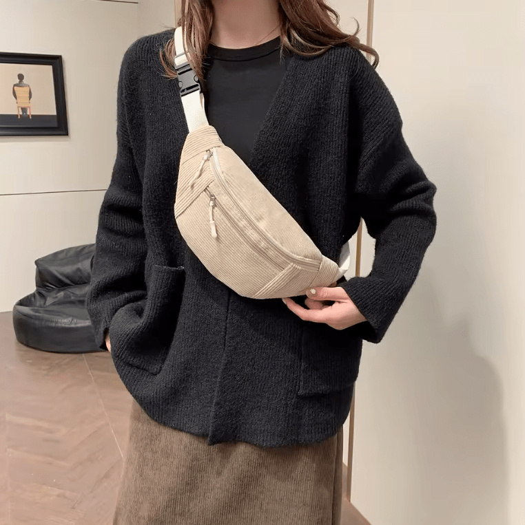 Women’s Corduroy Waist Bag – Student Shoulder Handbag, Crossbody Chest Bag, Fashion Fanny Pack & Phone Belt Purse